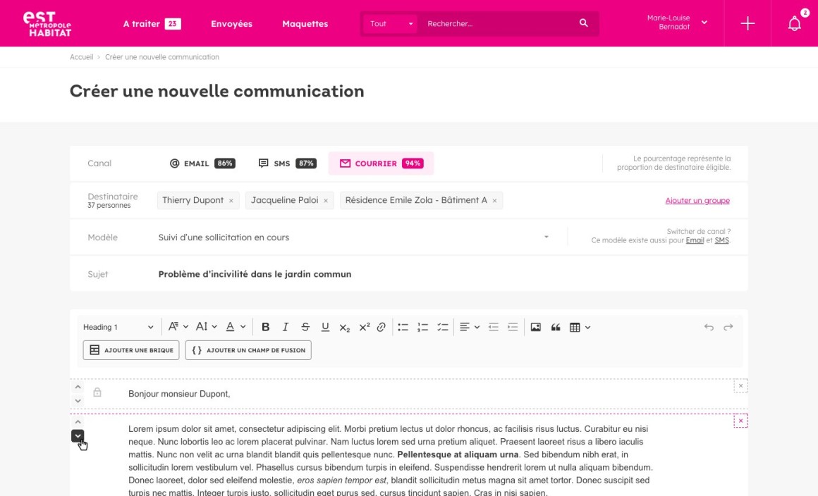 interface de gestion et création des communications bailleur social Est Metropole Habitat