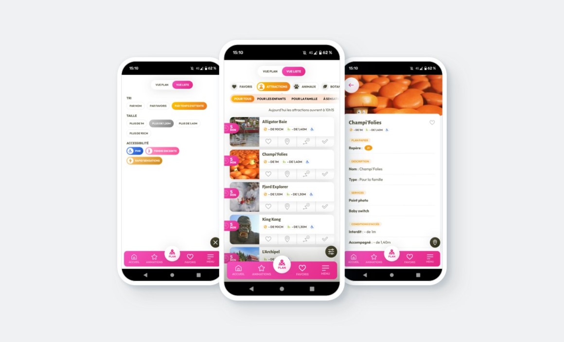 Listing des activités / attractions et filtres de l'app Le Pal