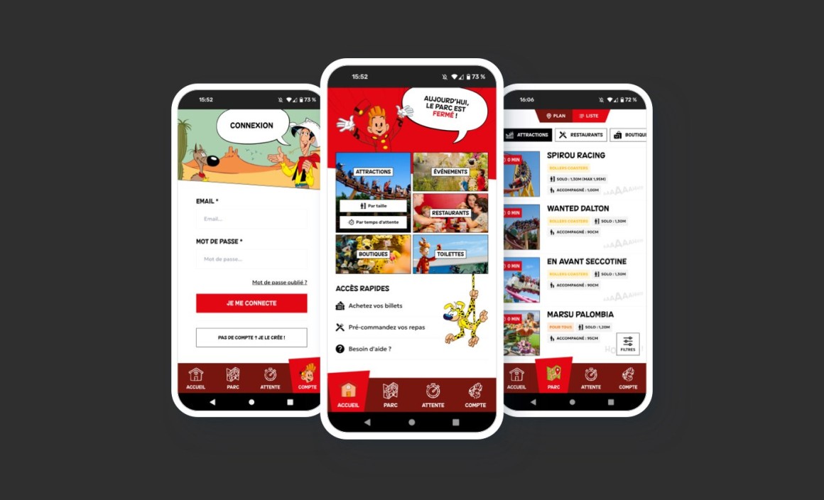 Listing des attractions et compte client de l'application pour le parc d'attractions spirou